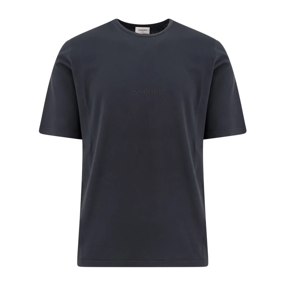 Saint Laurent Geborduurd katoenen T-shirt met logo Black Heren