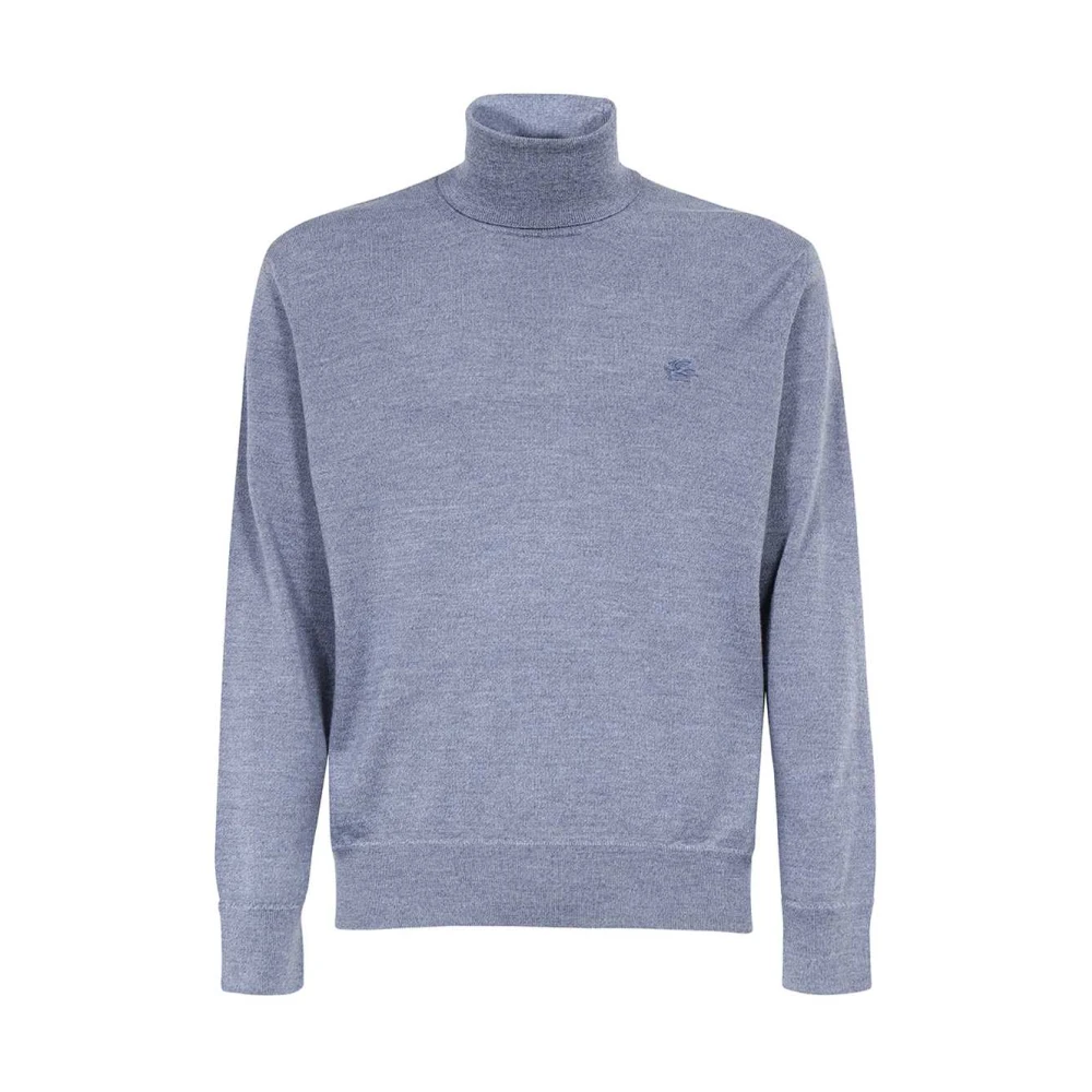Etro Men's Blue Turtlenecks, L, Ribbed Virgin Wool Turtleneck Jumper
