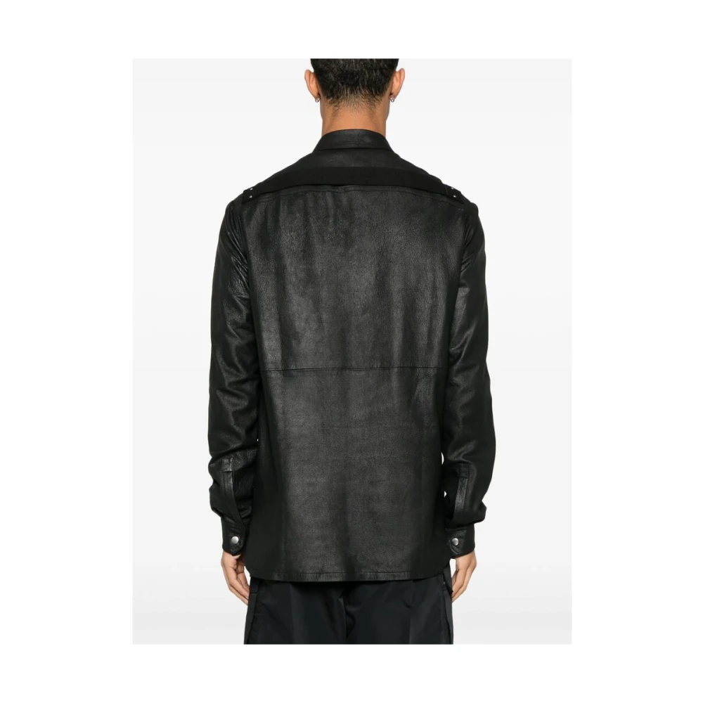 Rick Owens Zwarte leren bovenkleding met drukknoopsluiting Black Heren