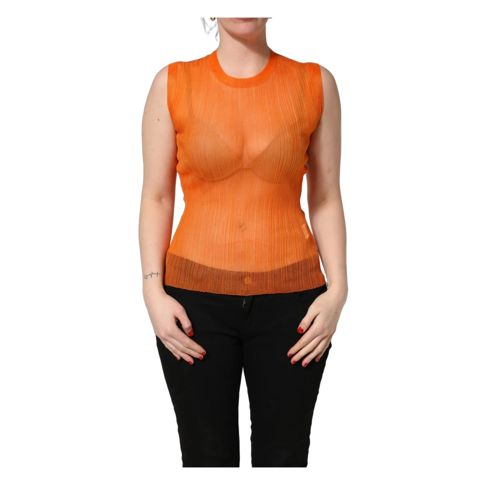 Dolce & Gabbana Women's Orange Sleeveless Tops, M, Crew Neck Tank Top