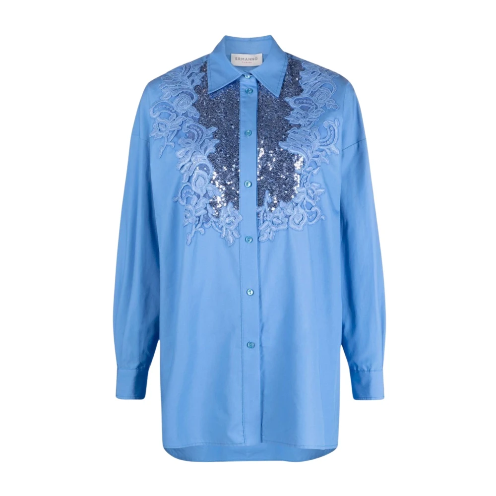 Ermanno Scervino Poederblauwe Sequin Bloemenkanten Shirt Blue Dames