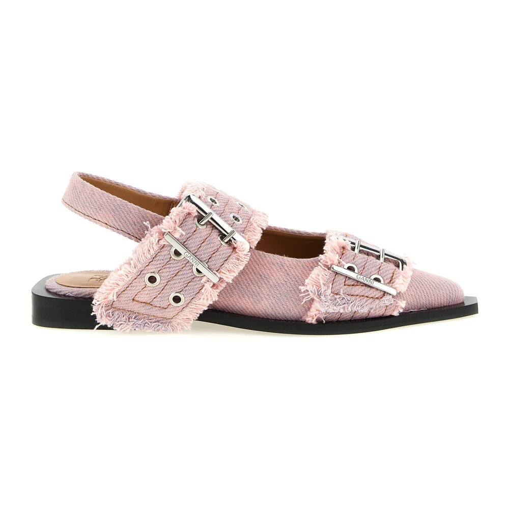 Ganni Women's Pink Ballerina Shoes, 6 Uk, Feminine Buckle Fringed Denim Slingback