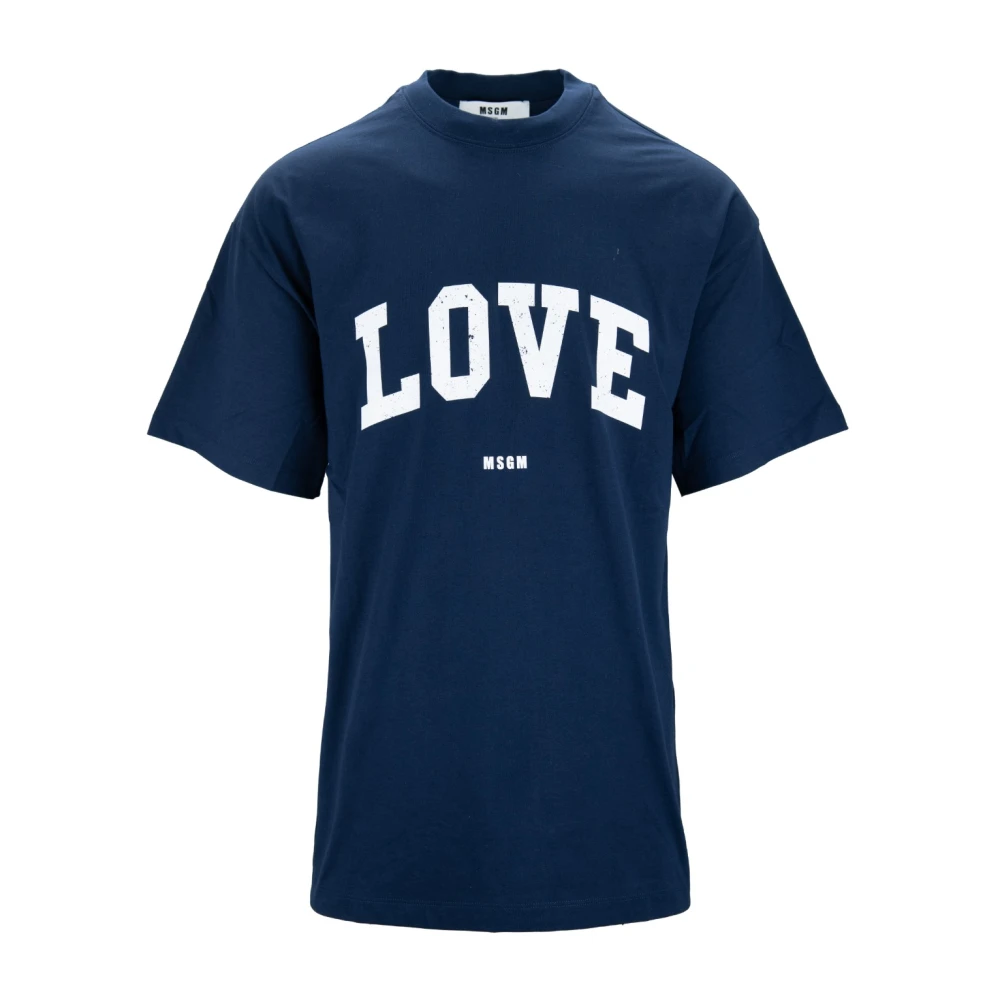 Msgm Heren Love Print Katoenen T-Shirt Blue Heren