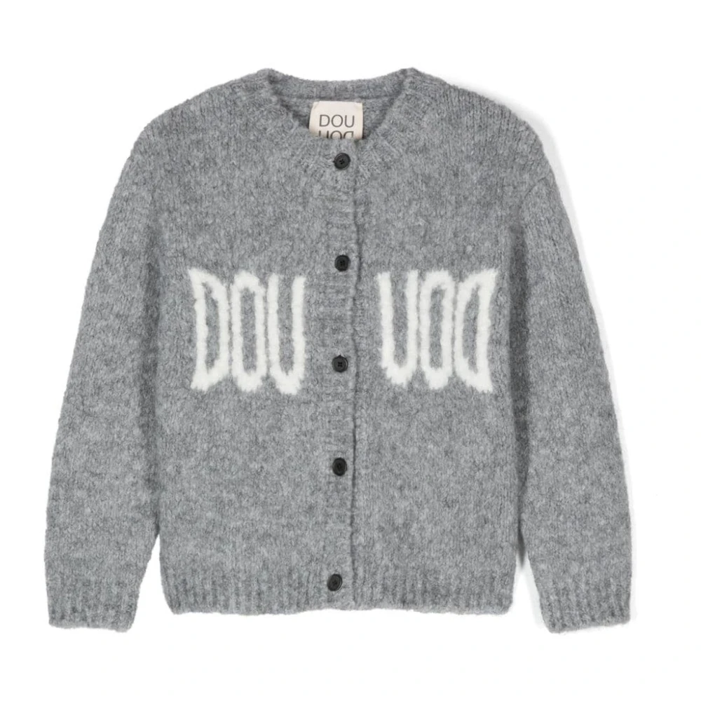 Douuod Woman Grå Chunky Stickad Kofta Jacquard Logo Gray, Flicka