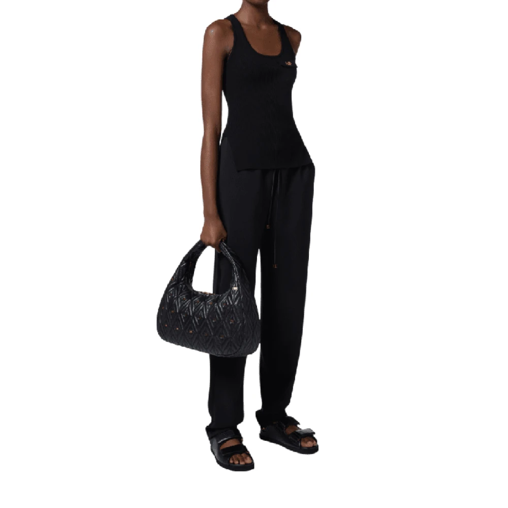 Elisabetta Franchi Zwarte satijnen smokingbroek met banden Black Dames