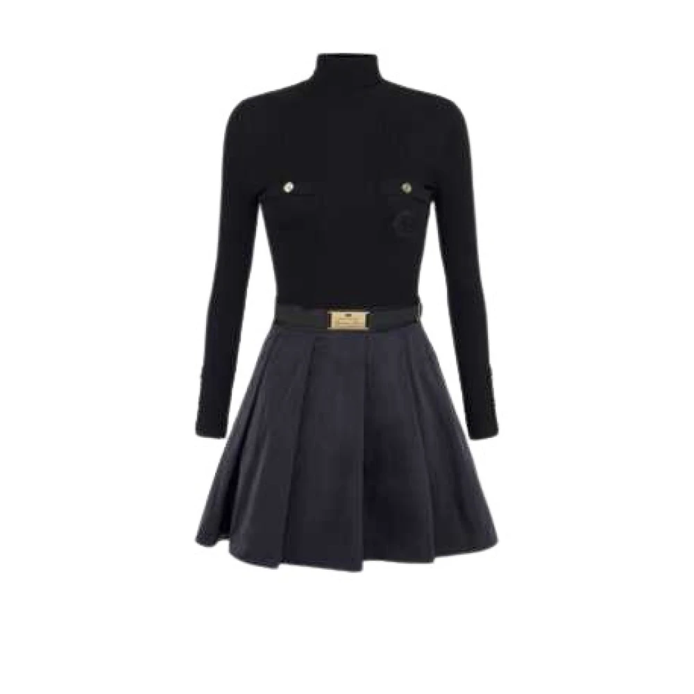 Elisabetta Franchi Zwarte Geribbelde Coltrui Gebreide Jurk Black Dames