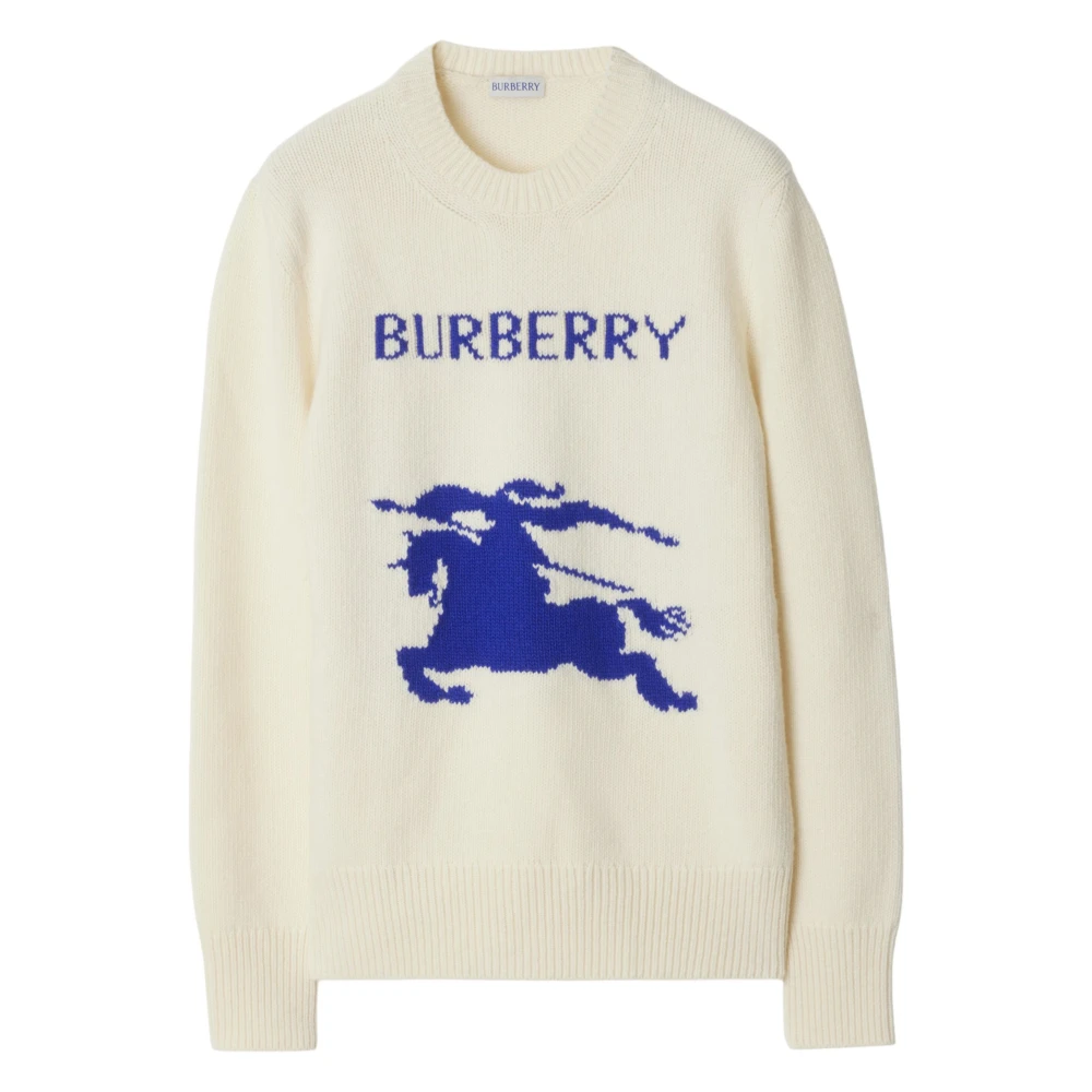 Burberry Vit Stickad Crewneck Tröja med Equestrian Knight Design White, Dam