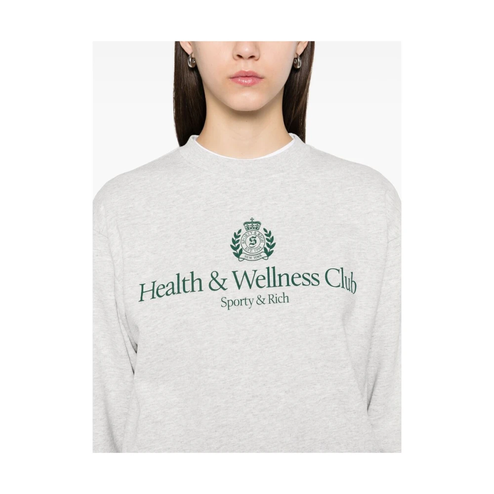 Sporty & Rich Heather Grey Logo Print Crew Neck Sweater Gray Dames