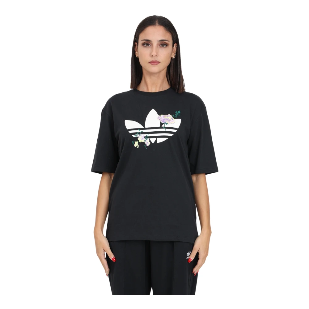 Adidas Originals Bloemen Logo Print Dames T-shirt Black Dames
