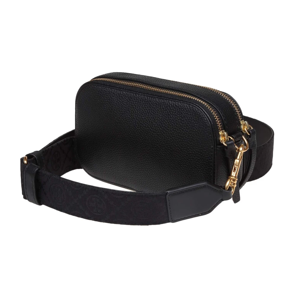 TORY BURCH Zwarte Leren Schoudertas met Dubbel T Logo Black Dames
