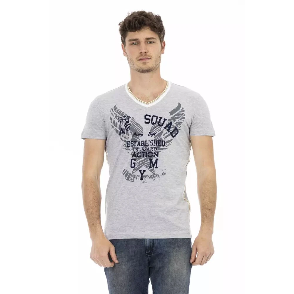 Trussardi Men's Gray Elegant V-Neck Tee With Frontprint