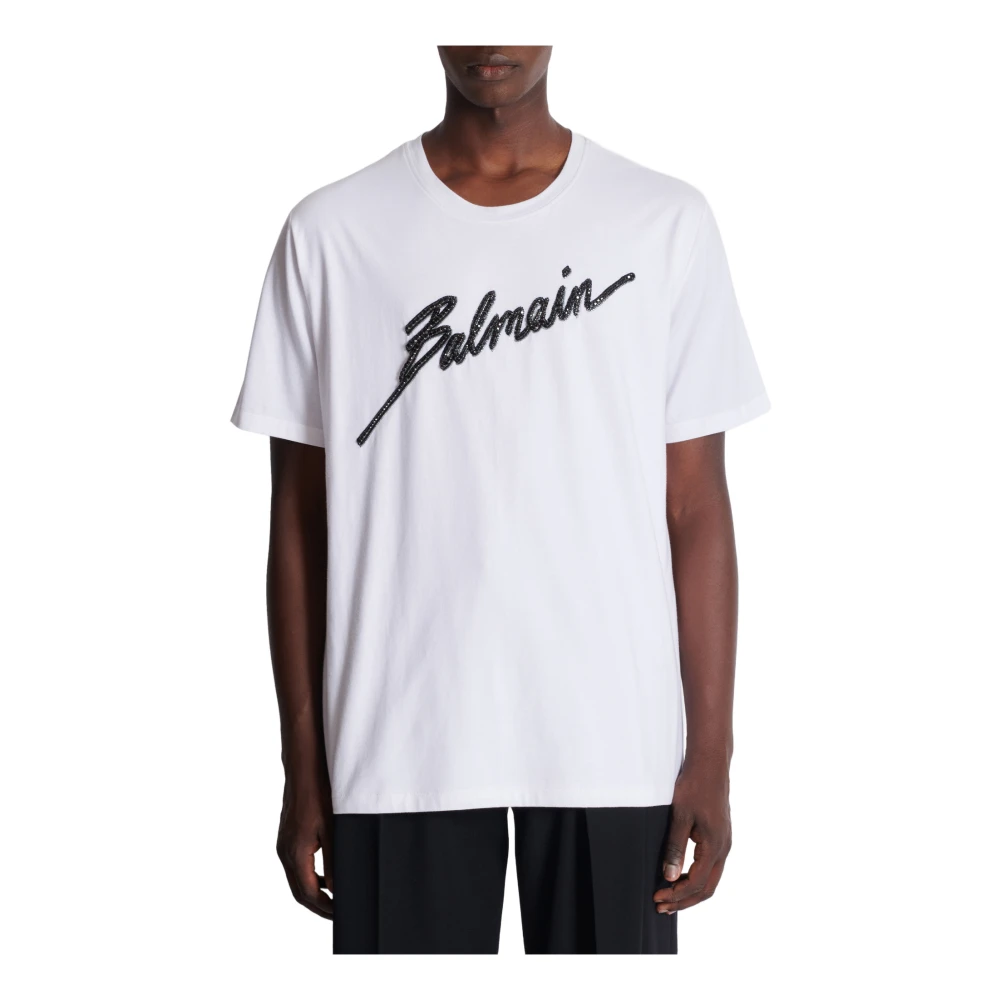Balmain Geborduurd letter T-shirt White Heren