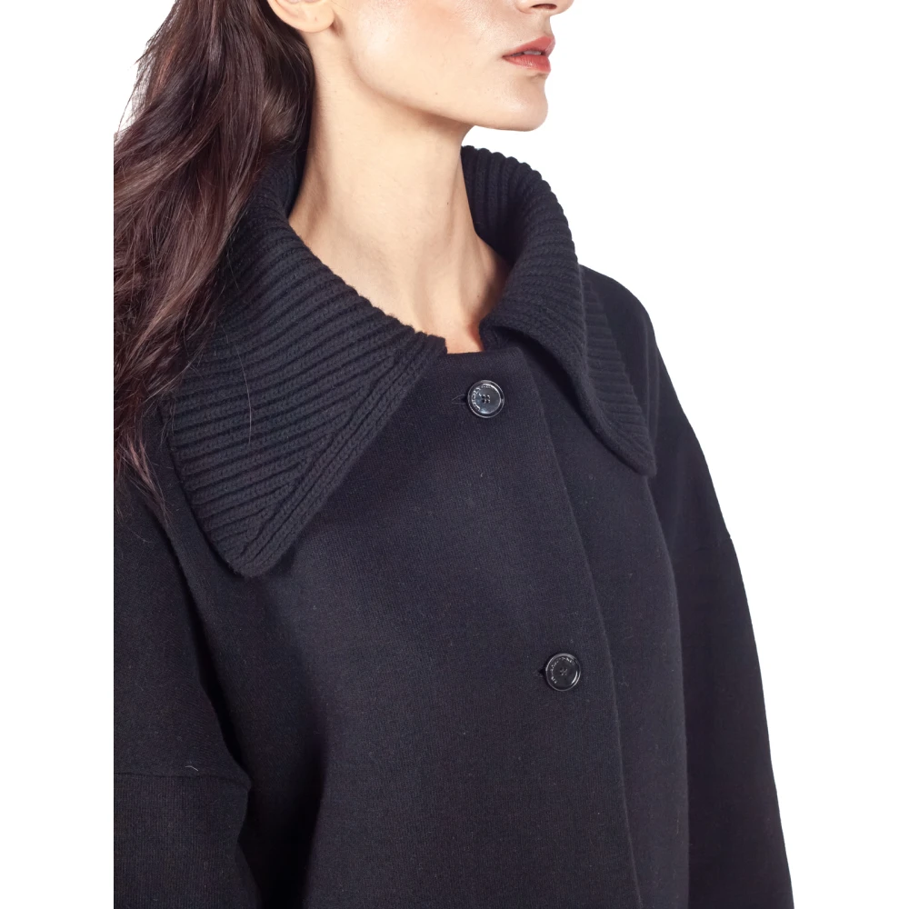 Liviana Conti Zwarte Wollen Blend Ribkraag Jas Black Dames