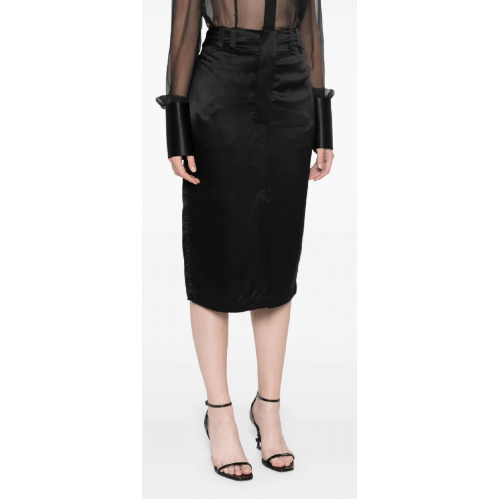 Saint Laurent Zwarte Zijden Midi Rok met Split Black Dames