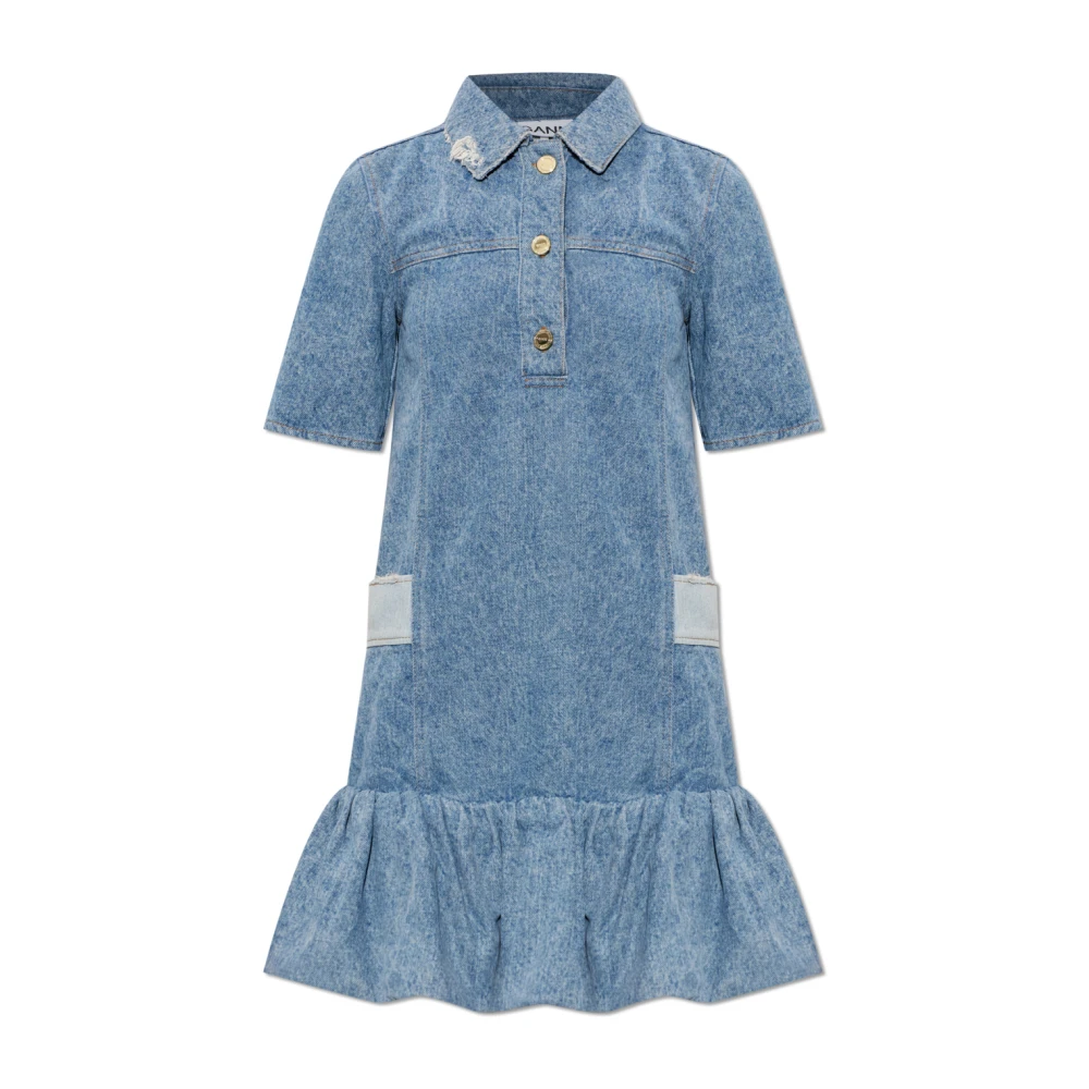Ganni Donna Blu - Abito Corto In Denim Con Peplo Patchwork - Dresses - S - Immagine 3