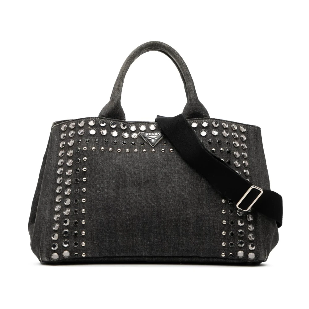 Prada Vintage Women's Black Pre-Owned Studded Denim Tote Bag
