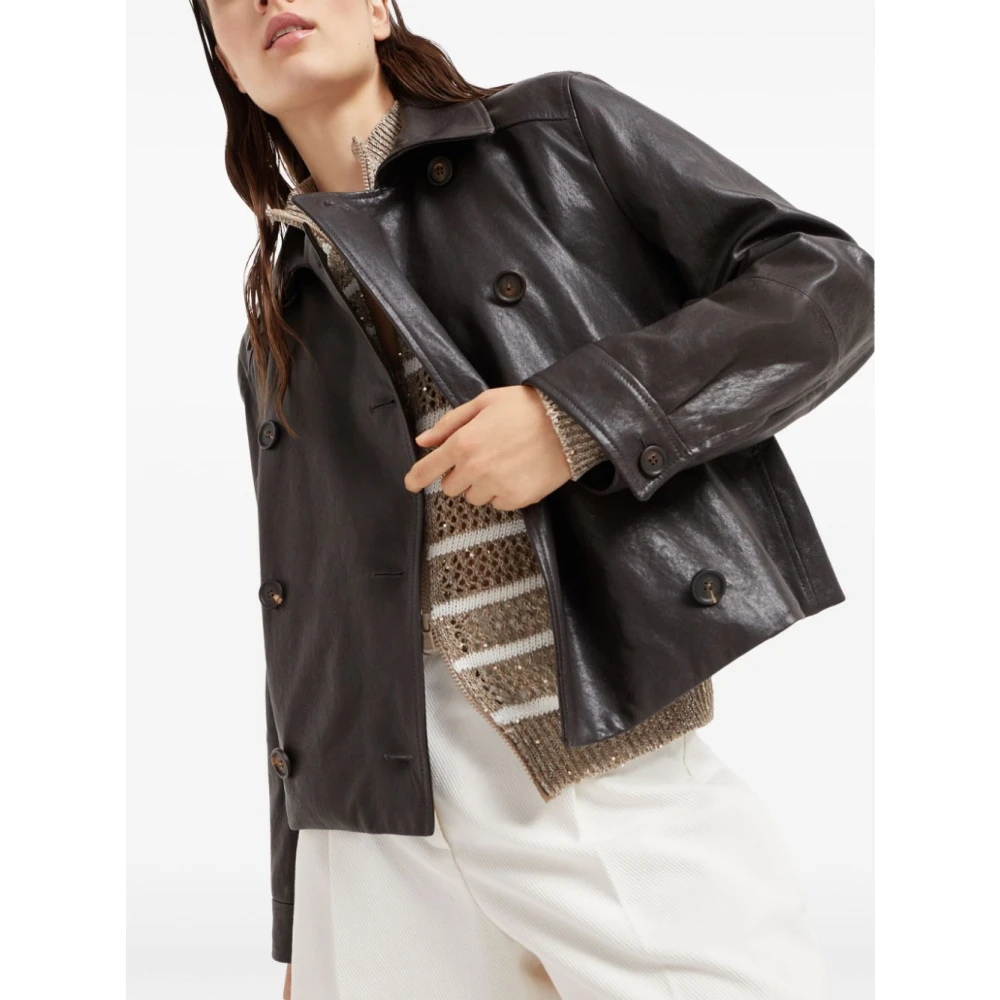 BRUNELLO CUCINELLI Donkerbruine Dubbelborst Leren Jas Brown Dames