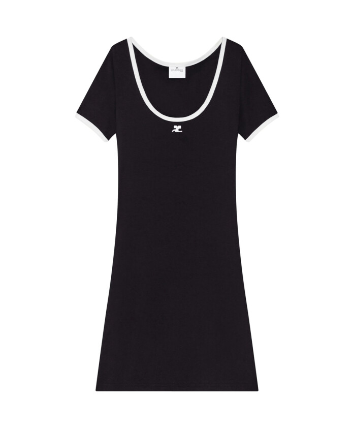 robe-noire-courreges-logo-brode-manches-courtes