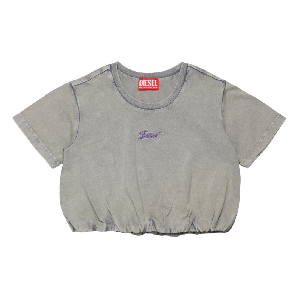 Diesel Girls Gray Embroidered Logo Cropped T-Shirt