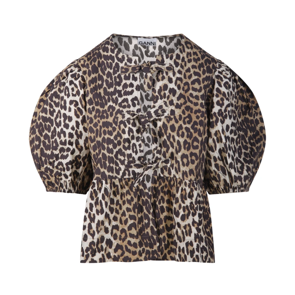Ganni Women's Brown Printed Cotton Poplin Peplum Blouse - Shirts - 2XS - Blouses & Shirts