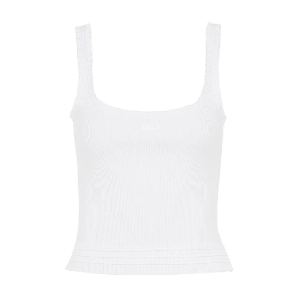 Chloé White Sleeveless Tops, Female, L, Ruffled Shirt With Embroidery