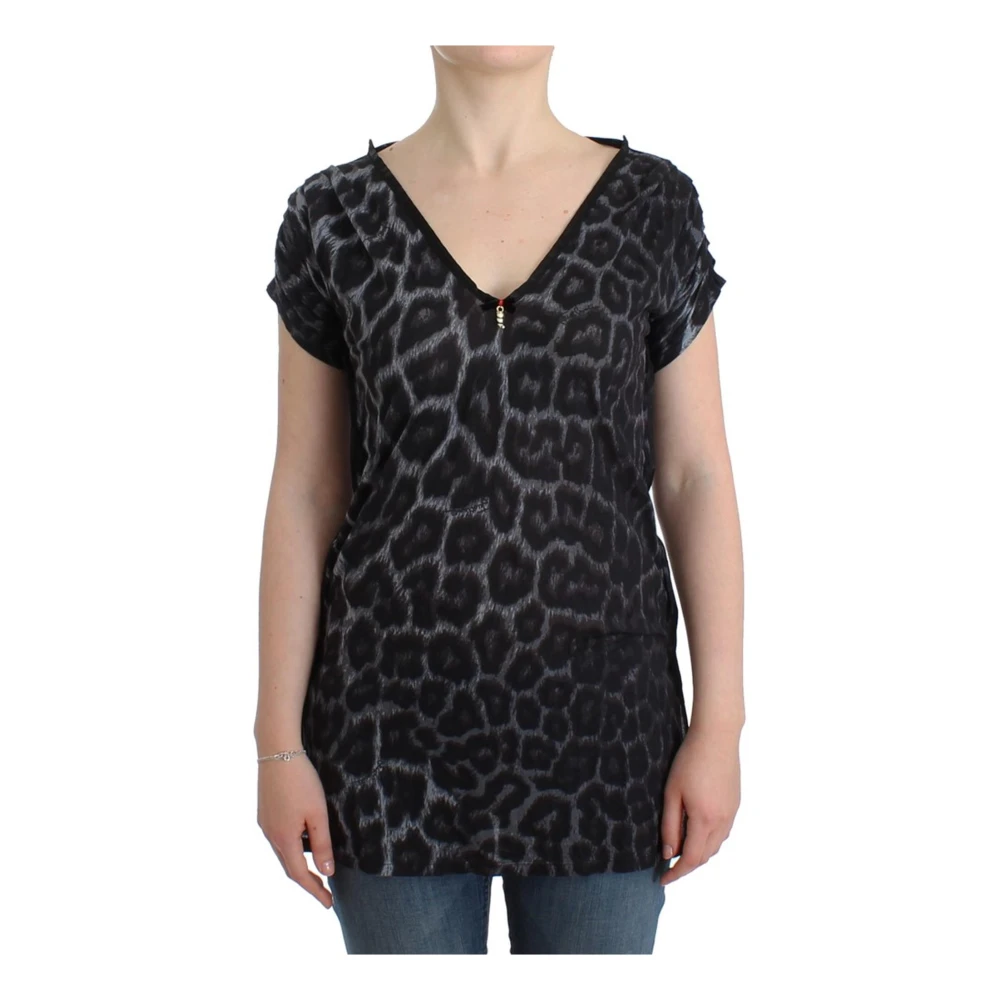 Roberto Cavalli Leopard Modal V-Neck Top Black, Dam