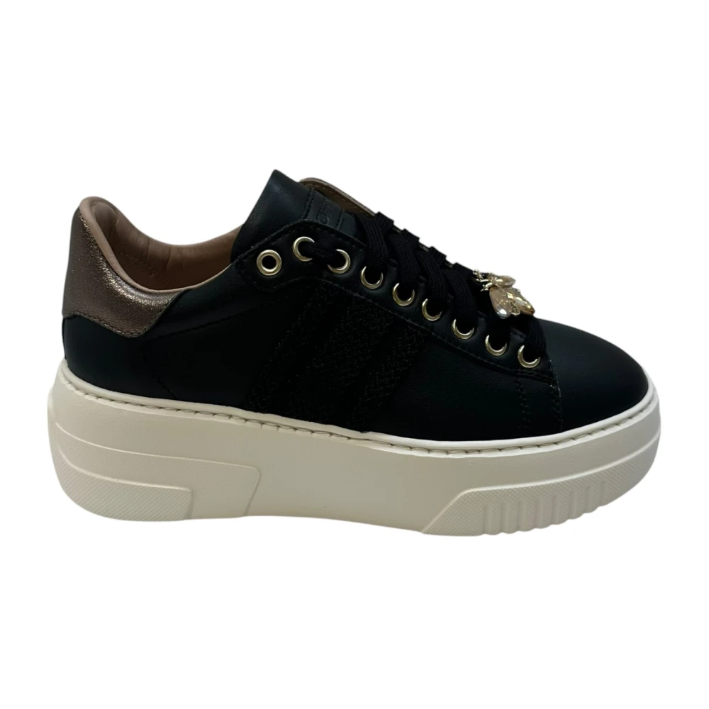 Stokton Zwarte leren sneaker met roségoud Black Dames