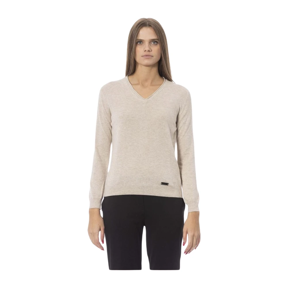 Baldinini V-hals Geribbelde Gebreide Trui Beige Dames
