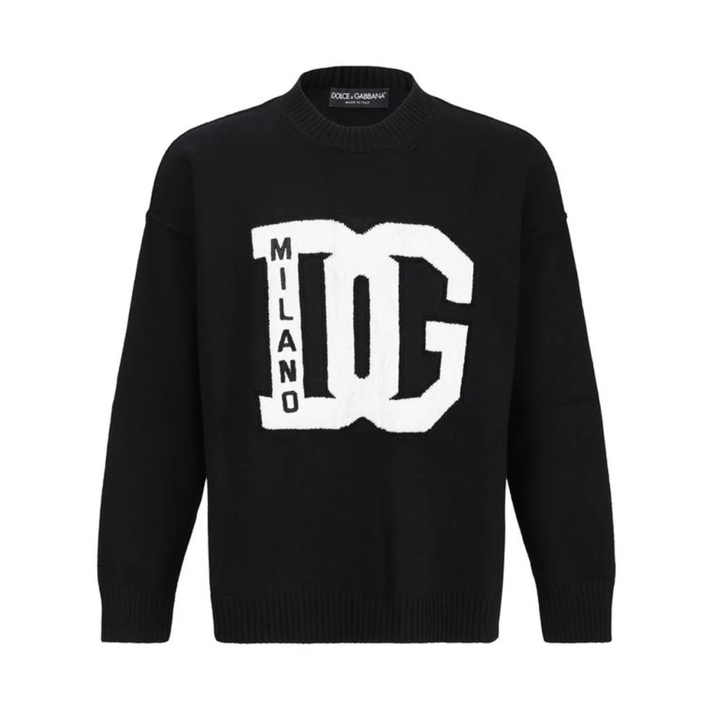 Dolce & Gabbana Monogram Wollen Trui met Geribbelde Hals Black Heren