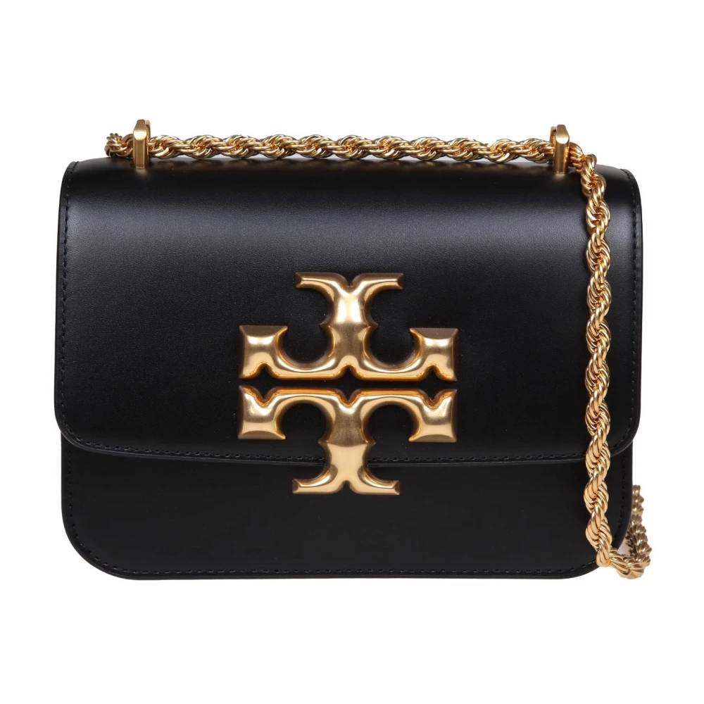 TORY BURCH Zwarte Leren Schoudertas met Dubbel T Logo Black Dames