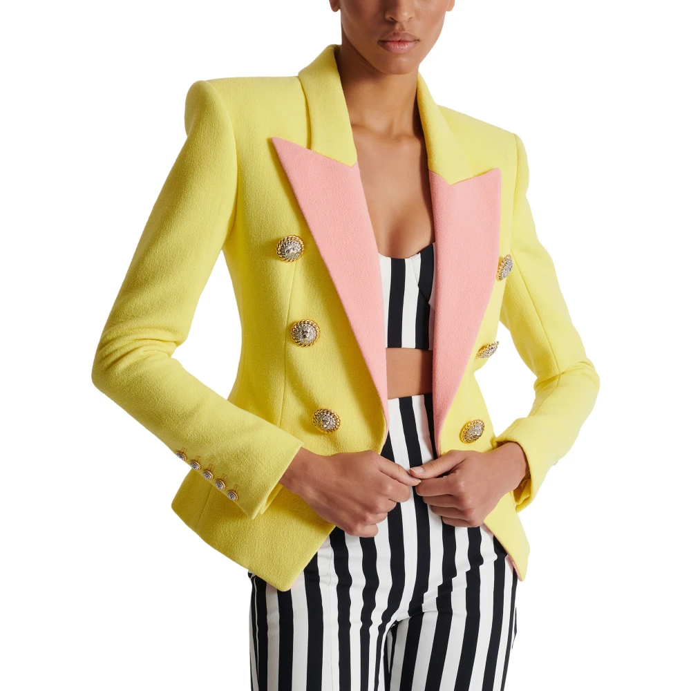 Balmain 6-knoops dubbele crêpe tweekleurige jas Yellow Dames