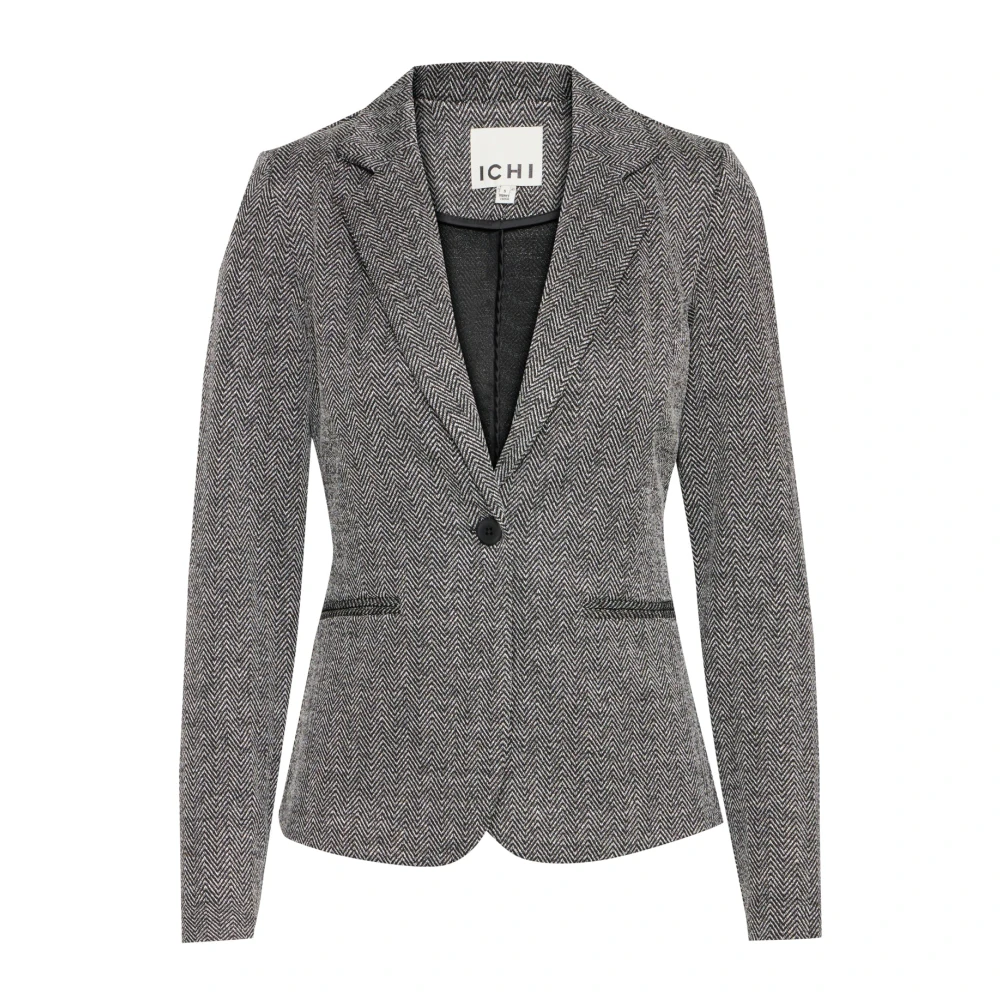 Ichi Women's Gray Blazers, M, Elegant Jacquard Blazer Black/White Herringbone