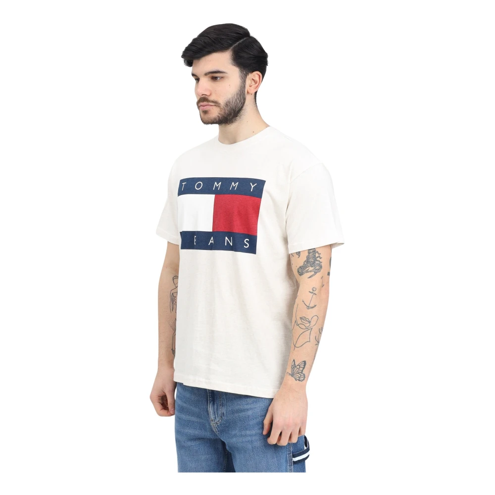 Tommy Jeans Crème T-shirt met Vlag Logo Beige Heren