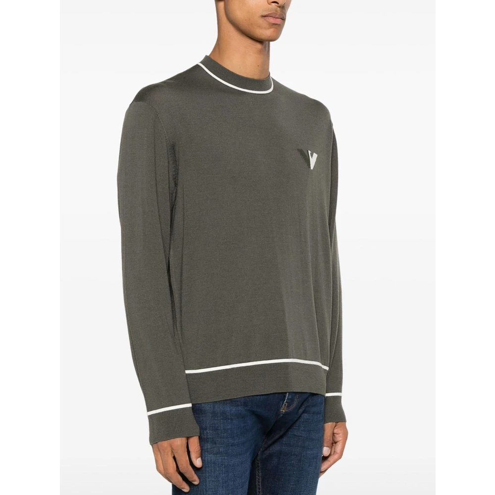 Emporio Armani Wollen Trui Ronde Hals Lange Mouw Geribbeld Logo Gray Heren