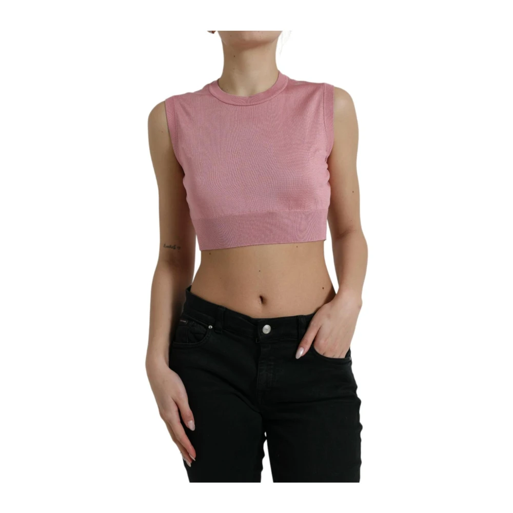 Dolce & Gabbana Women's Pink Silk Sleeveless Crop Top - Round-Neck Knitwear - 2XL- Knitwear