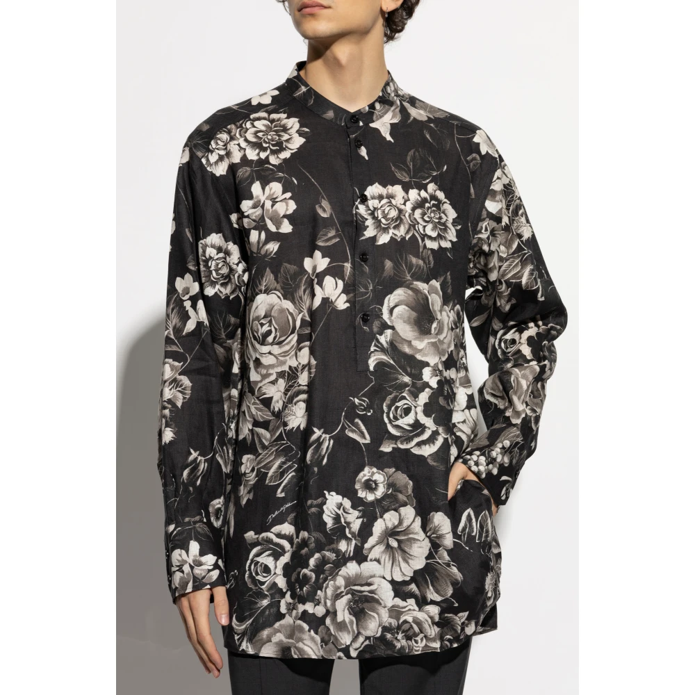 Dolce & Gabbana Linnen shirt met bloemenpatroon Black Heren