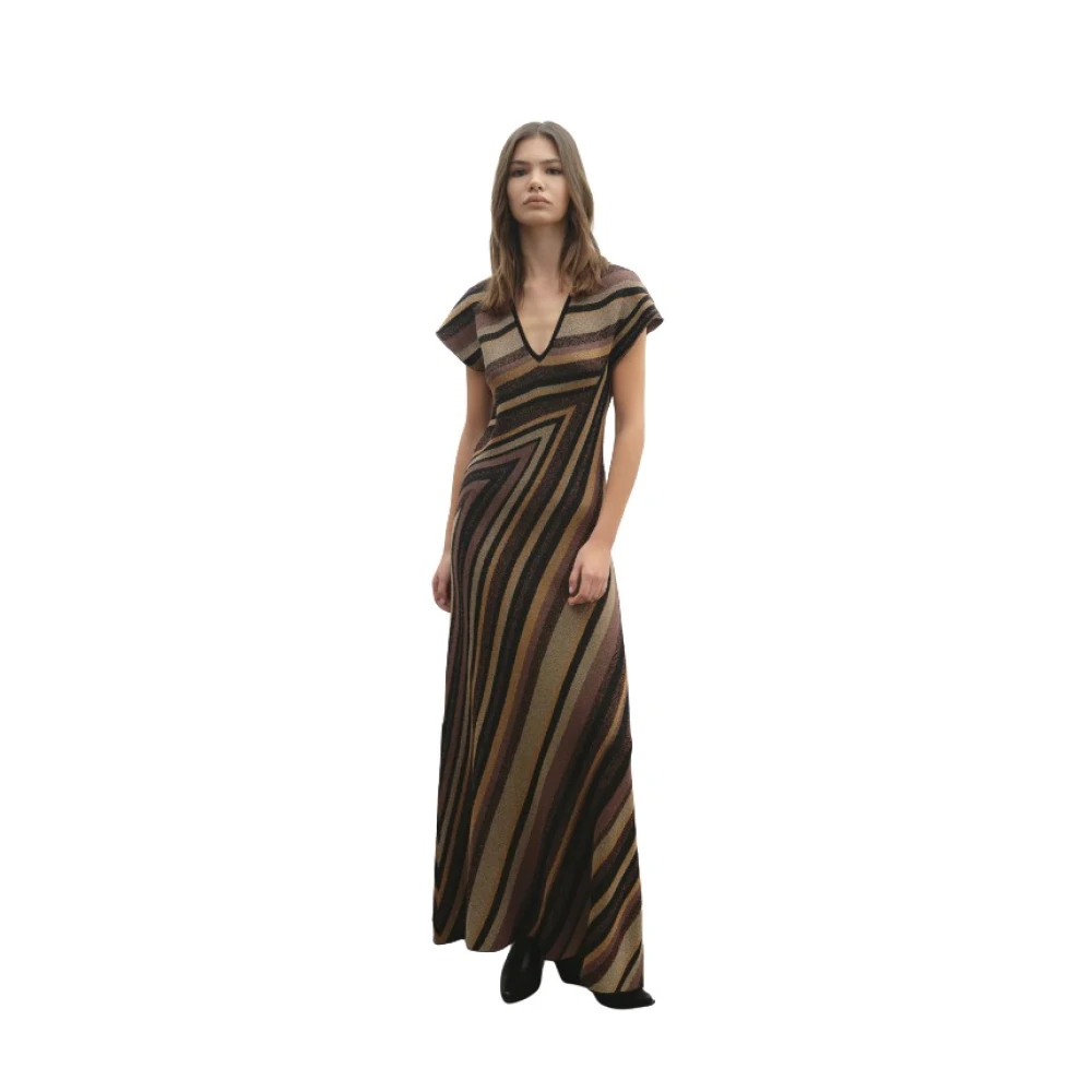Akep Brown Long Dress With Deep V Neck And Diagonal Stripes - Female - Maxi Dresses - M - Dresses