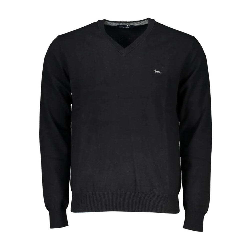 Harmont & Blaine Men's Black Embroidered V-Neck Cotton Jumper - V-Neck Knitwear - 2XL - Knitwear