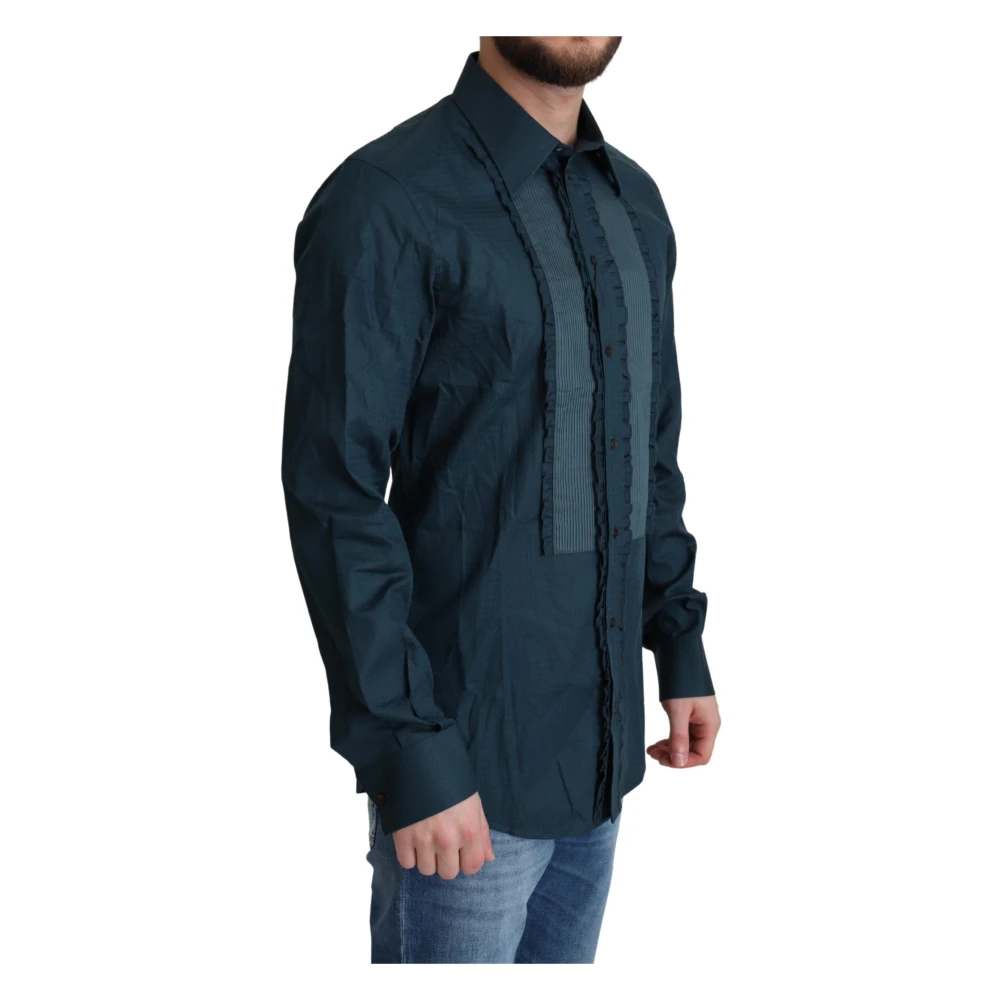 Dolce & Gabbana Blauw Ruches Smoking Shirt Gold Model Blue Heren