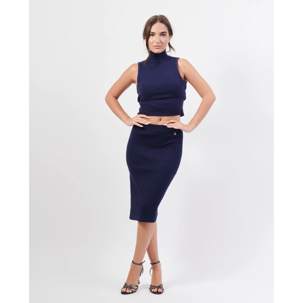Fracomina Blauwe Gebreide Midi Rok met Zijsplit Blue Dames