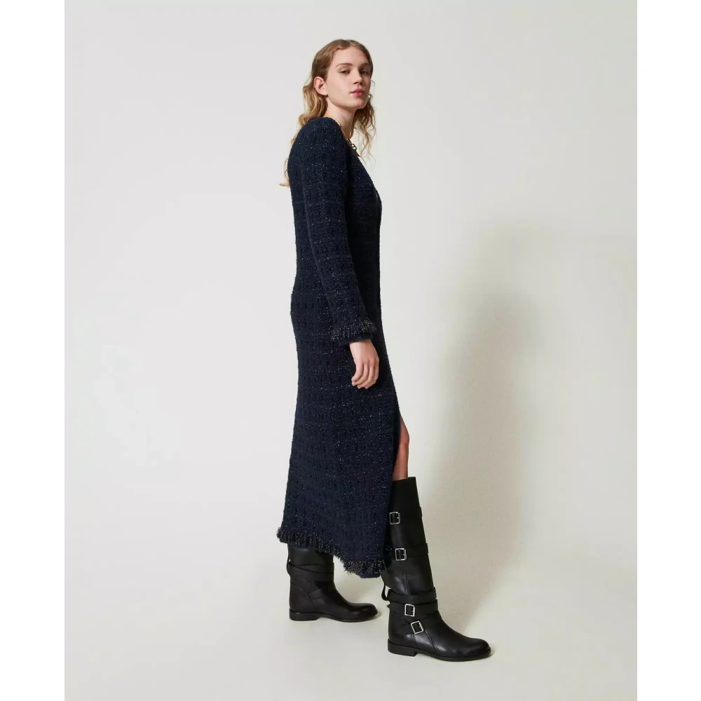Twinset Jacquard Check Cardi-Coat met Franjes Blue Dames