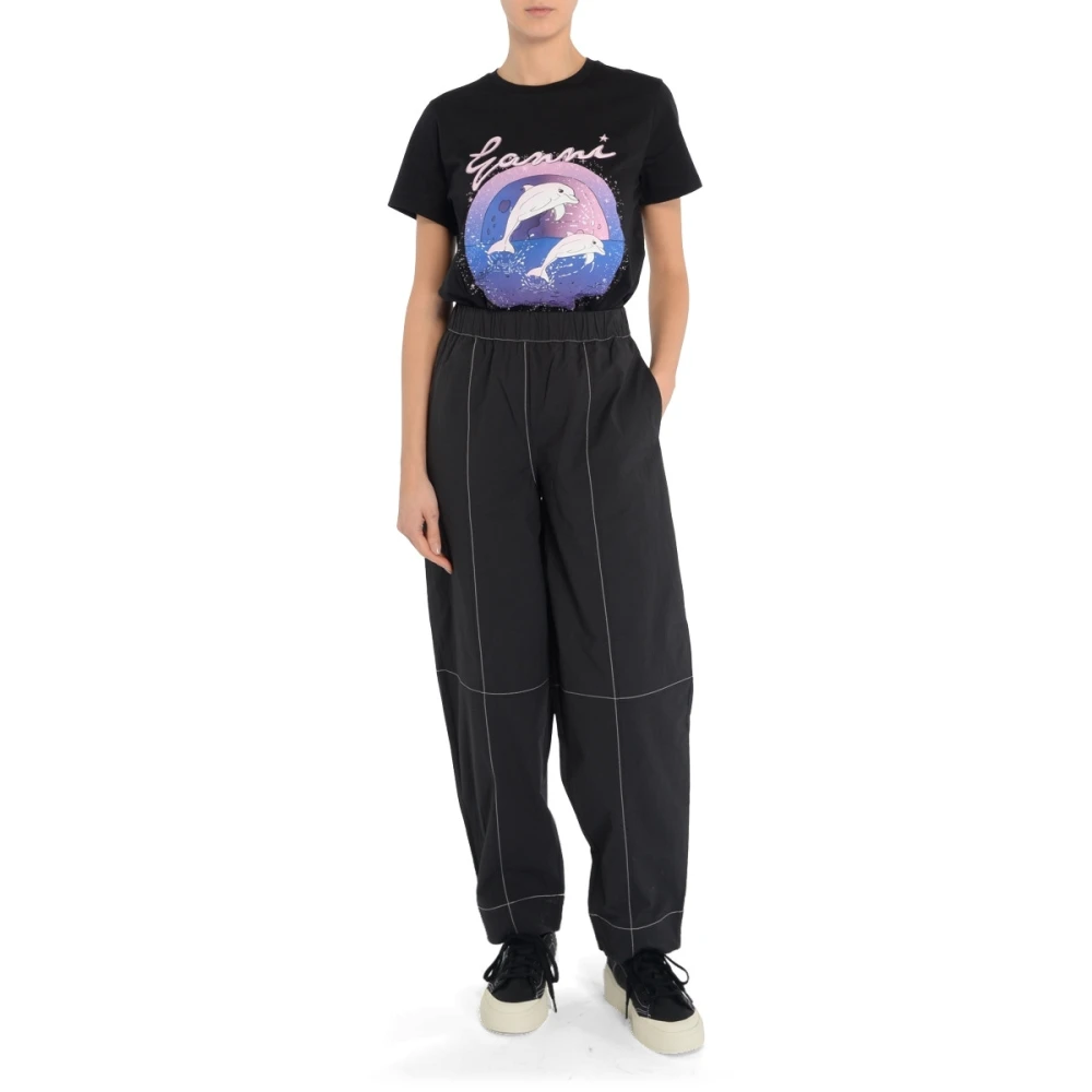 Ganni Zwarte elastische curve broek Black Dames