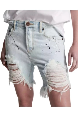 Boyfriend Denim Shorts Med Fransad Kant