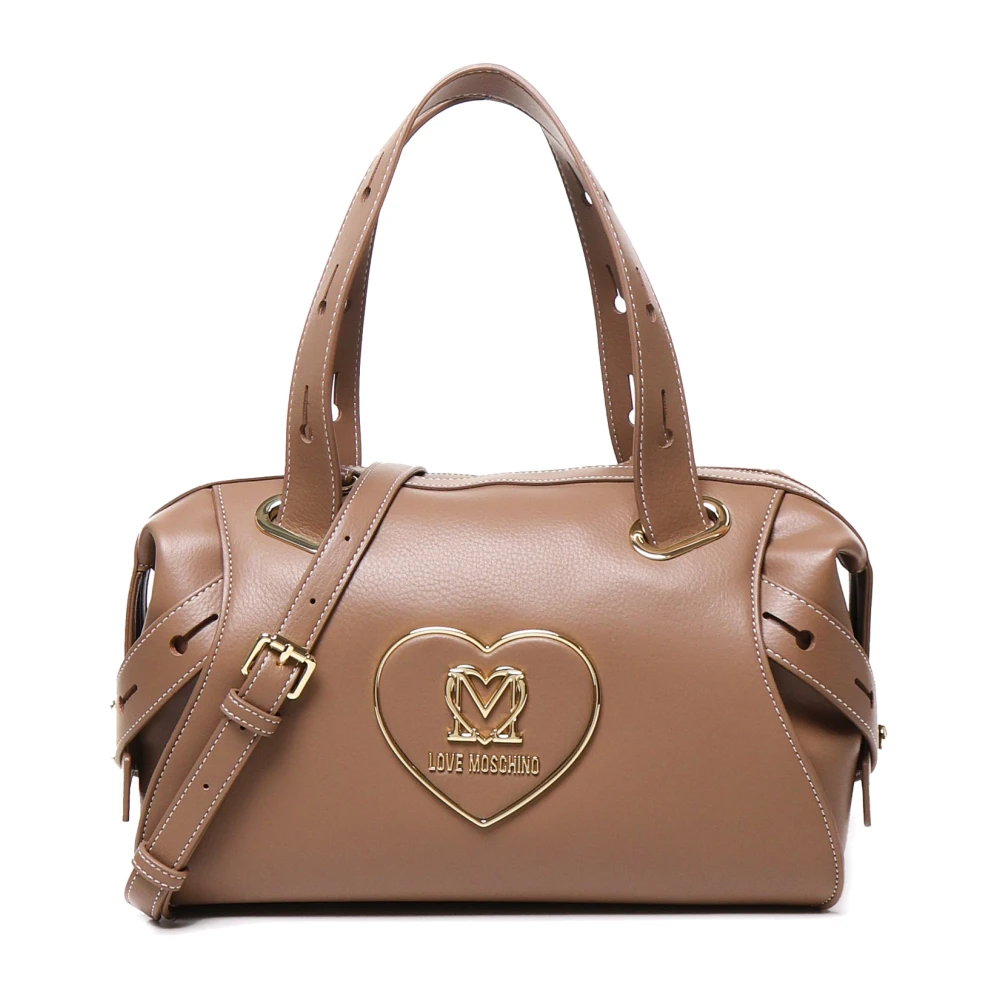 Love Moschino Taupe Leren Schoudertas met Zakken Beige Dames