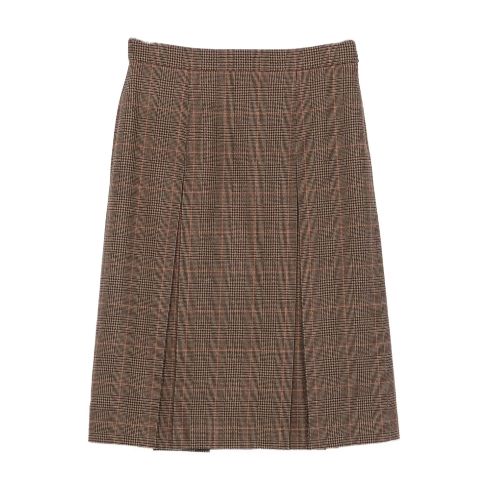 Saint Laurent Women's Beige Midi Skirt In Prince Of Wales Wool And Cashmere