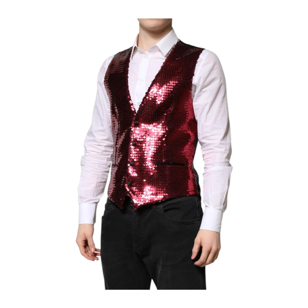 Dolce & Gabbana , Waistcoats, Male, Red, L, Red Sequin Formal Waistcoat Vest - Image 2