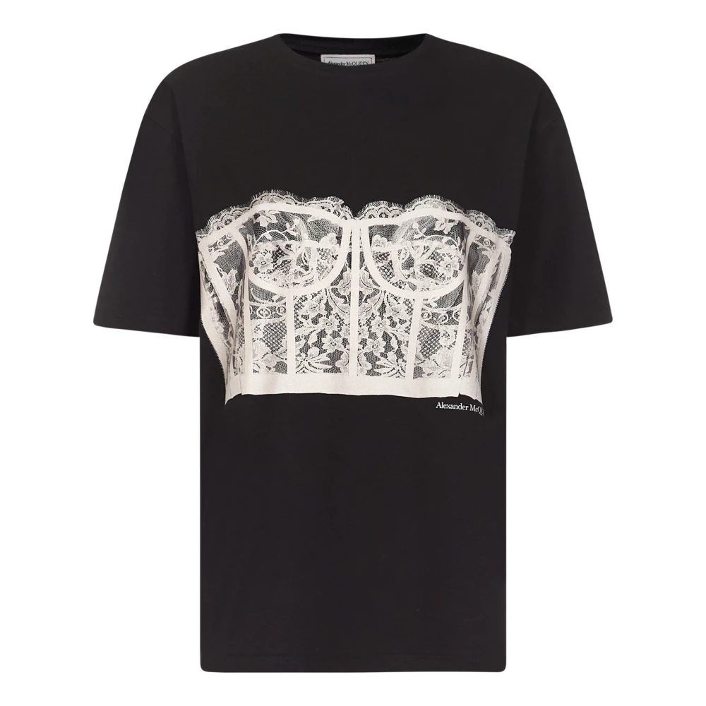 Alexander mcqueen Zwart oversized T-shirt met kanten korsetprint Black Dames