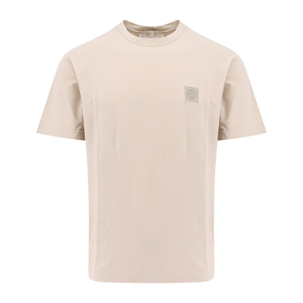 Stone Island Logo Katoenen T-shirt Korte Mouw Italië Beige Heren