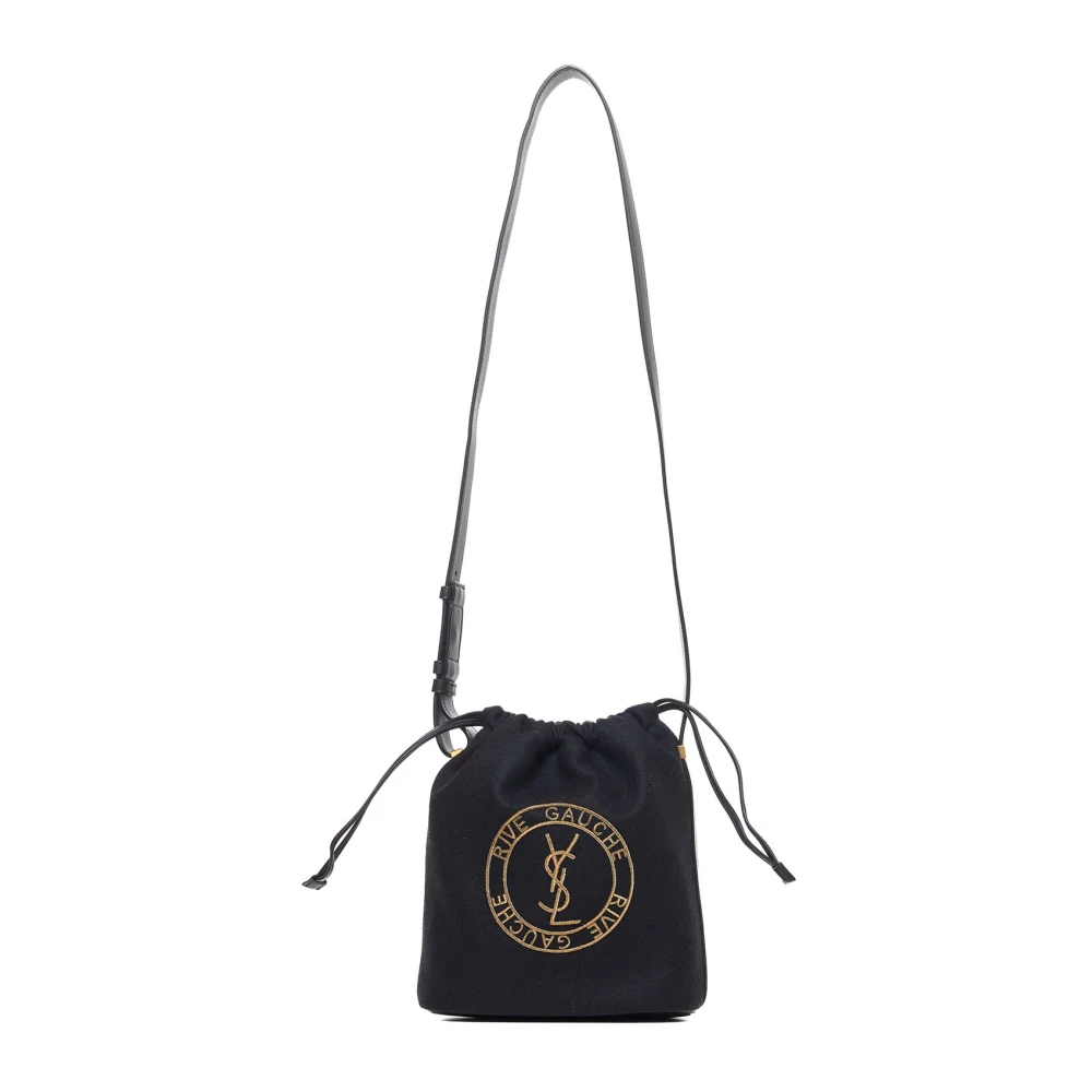 Saint Laurent Wollen Bucket Tas met Leren Afwerking Black Dames
