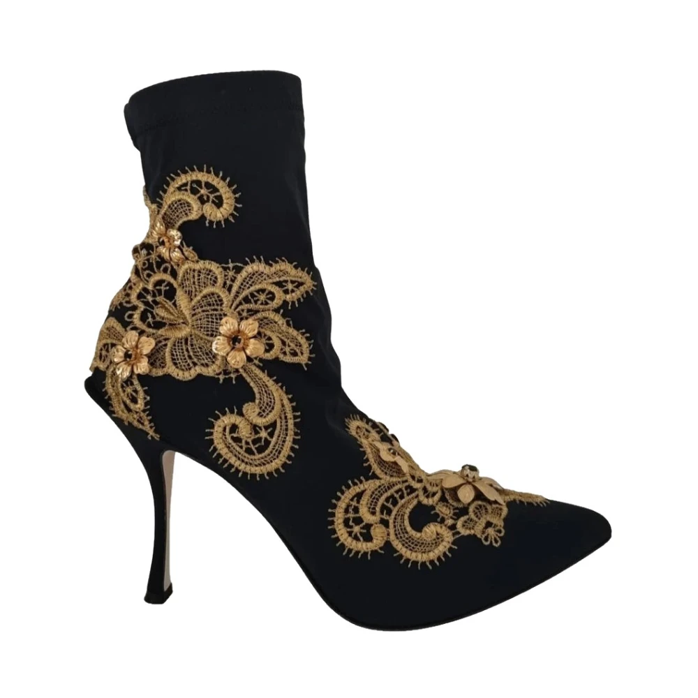 Dolce & Gabbana Women's Black Gold Embroidery Crystal Ankle Boots - Heeled Boots - 3 1/2 Uk - Shoes